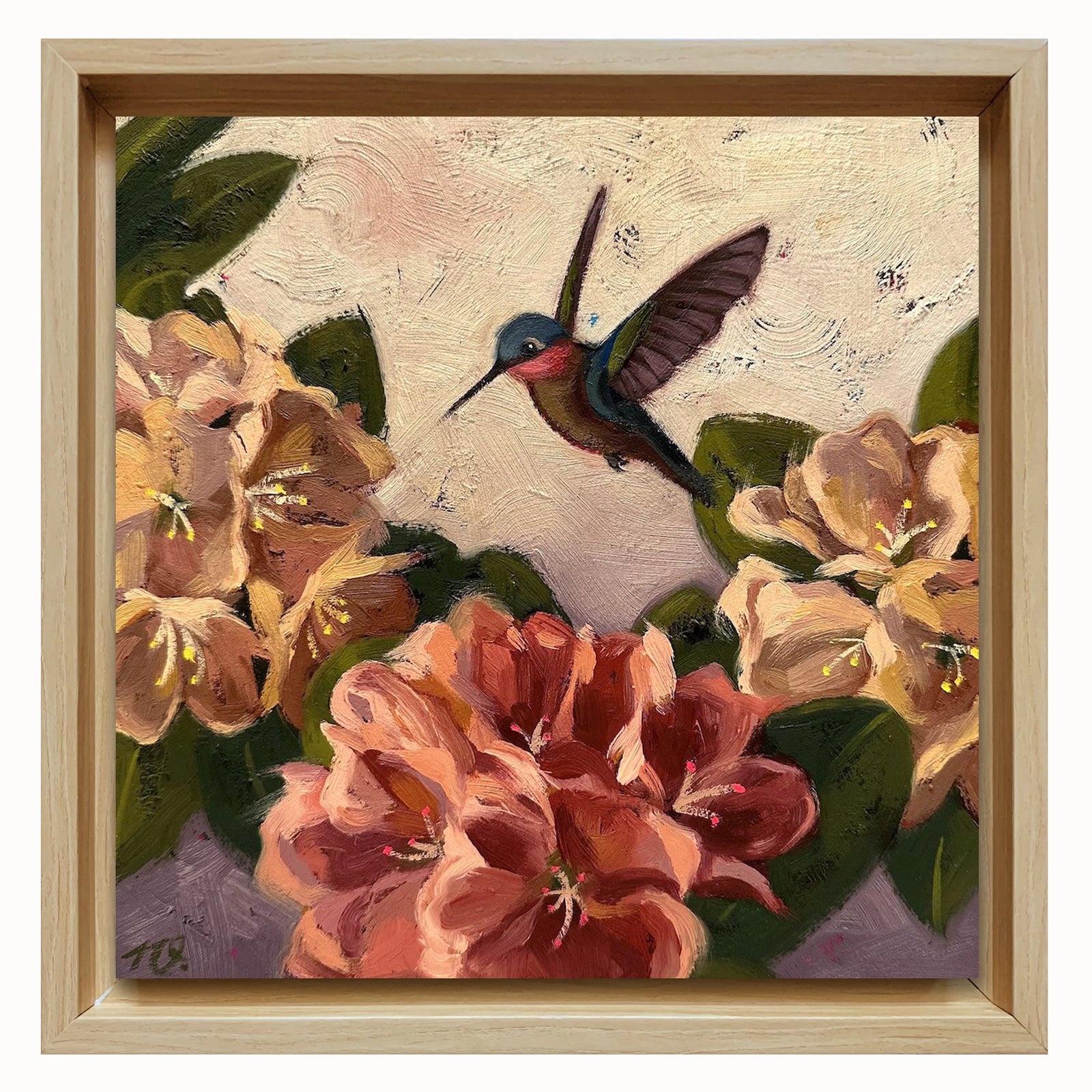 Ninalee Irani hummingbird and floral paintings at Lark and Key art gallery, Charlotte NC.