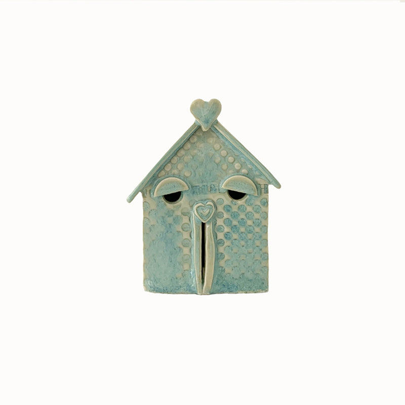 Handmade porcelain house by ceramic artist Barbara Chadwick, seafoam with dots and hearts.
