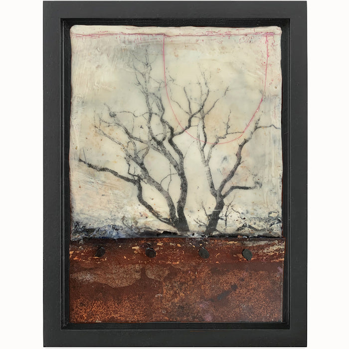 "Finding that Quiet Space" mixed media encaustic artwork by Bridgette Guerzon Mills with tree imagery, nails and metal. Shown in a black frame. Available at larkandkey.com.