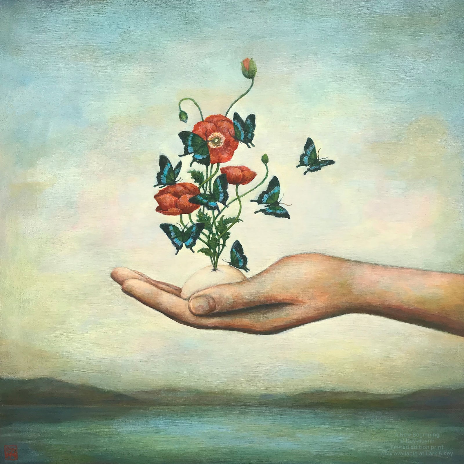 Duy Huynh's "A New Beginning" 10 x 10" limited edition art print on paper. A hand holds an egg from which red Icelandic poppies bloom with butterflies swirling around them.