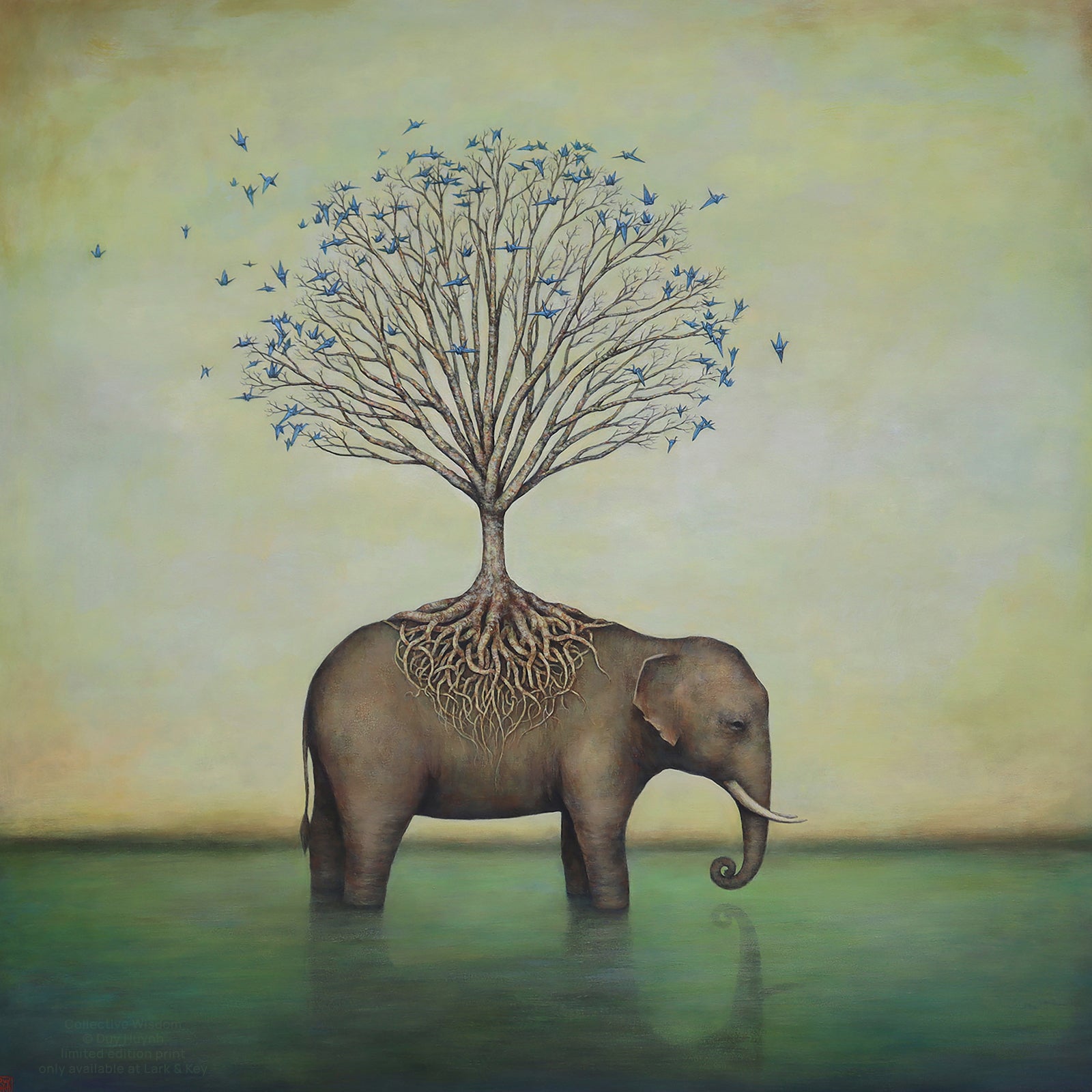 Duy Huynh's "Collective Wisdom" 12 x 12" limited edition art print on paper. An elephant stands in water, with a tree rooted on its back.  Blue paper cranes surround it.