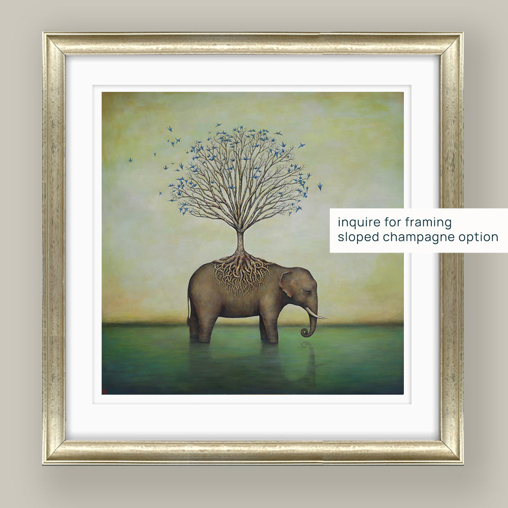 Duy Huynh's "Collective Wisdom" 12 x 12" limited edition art print on paper with 1 inch white border. An elephant stands in water, with a tree rooted on its back.  Blue paper cranes surround it. Mockup with sloped champagne frame.