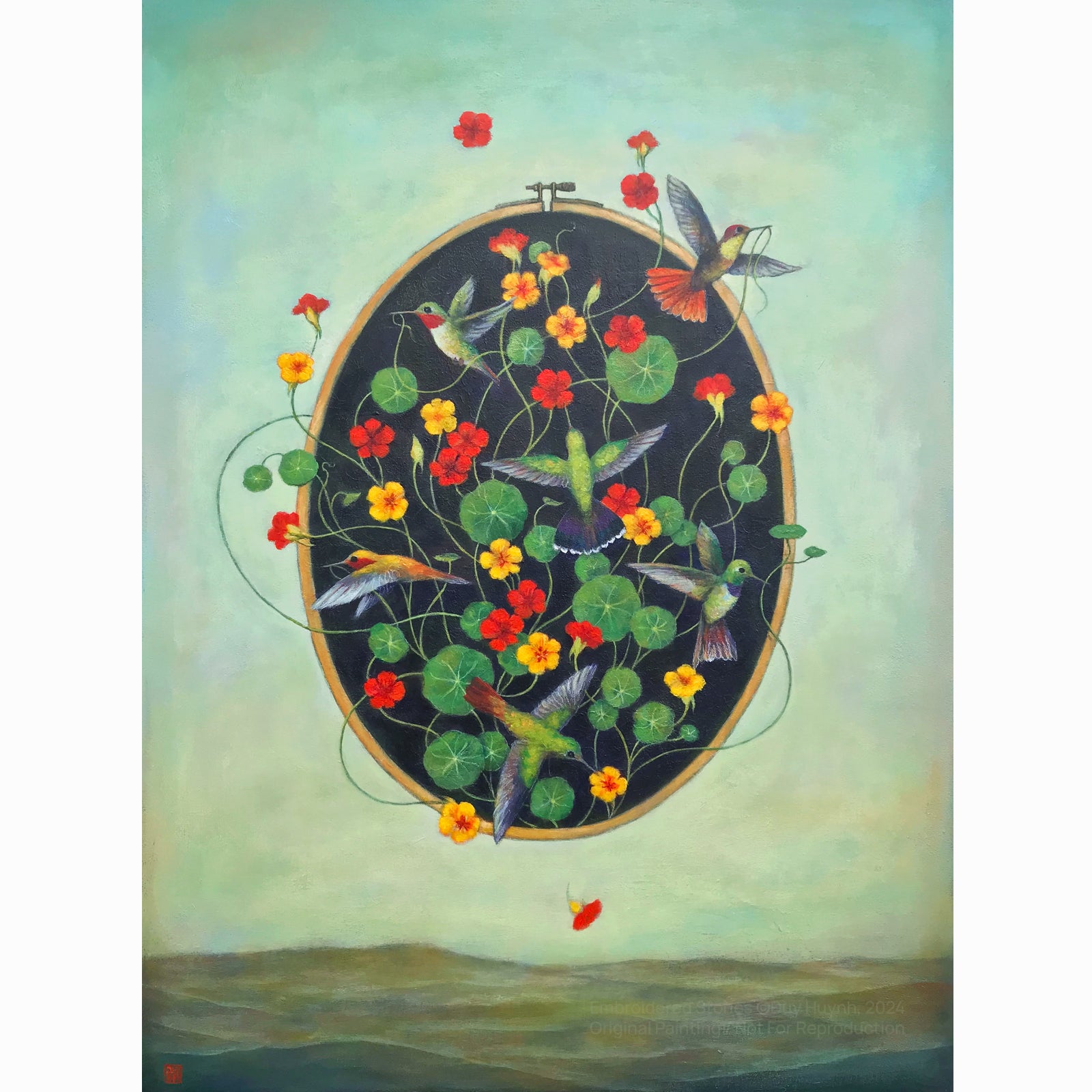 Artist Duy Huynh 's painting called "Embroidered Stories". An oval embroidery hoop floats in the sky over an open landscape. It is filled with nasturtium flowers with hummingbirds weaving threads throughout. Available at Lark & Key, Charlotte NC.