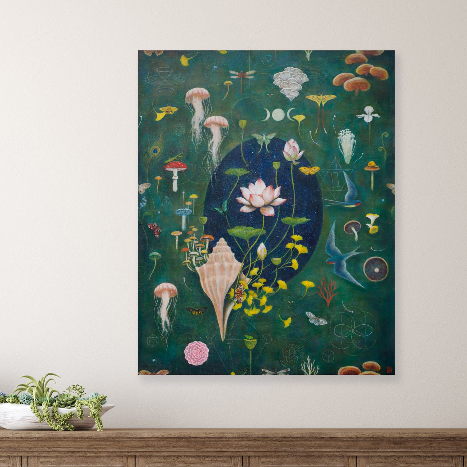 Duy Huynh painting "Forever Endeavor". The painting includes imagery - such as lotus flowers, mushrooms, jellyfish, gingko leaves and barn swallows - that symbolizes our search for continuity, longevity, balance, peace and more. Available at larkandkey.com, Charlotte NC