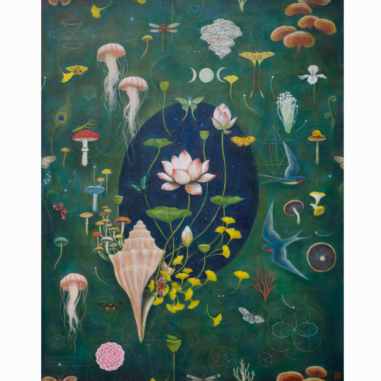 Artist Duy Huynh 's painting called "Forever Endeavor". Painting filled with elements that symbolize life and longevity - such as mushrooms, lotus flowers, jellyfish, gingko leaves, swallows, moths, etc. Available at Lark & Key, Charlotte NC.