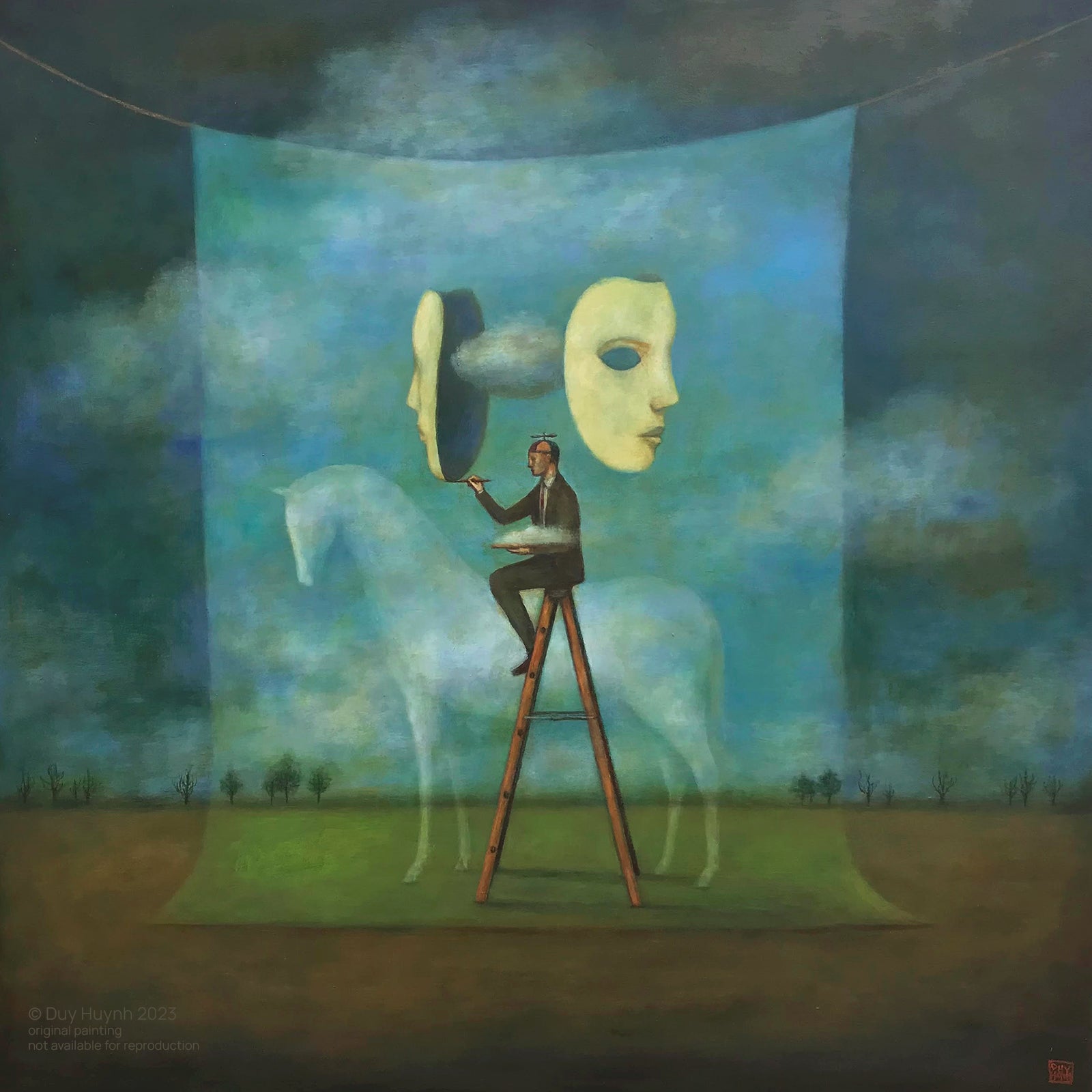 Artist Duy Huynh 's painting called "Imposter Syndrome". Painting inspired by the idea of imposter syndrome. A man sits on top of a ladder, a faint image of a horse at its side. The man paints face masks facing opposite directions. Available at Lark & Key, Charlotte NC.