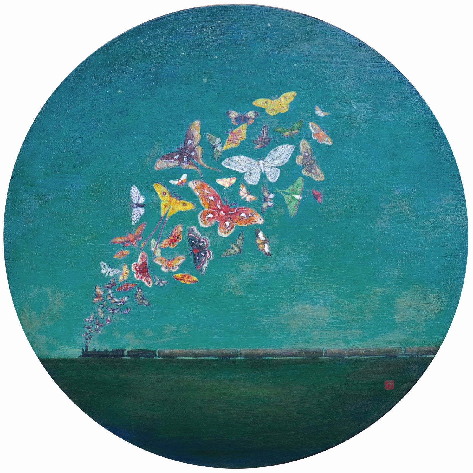 Duy Huynh painting "Myths, Moths and Multiple Metaphors", train with moths coming from the smokestack. Available at larkandkey.com, Charlotte NC