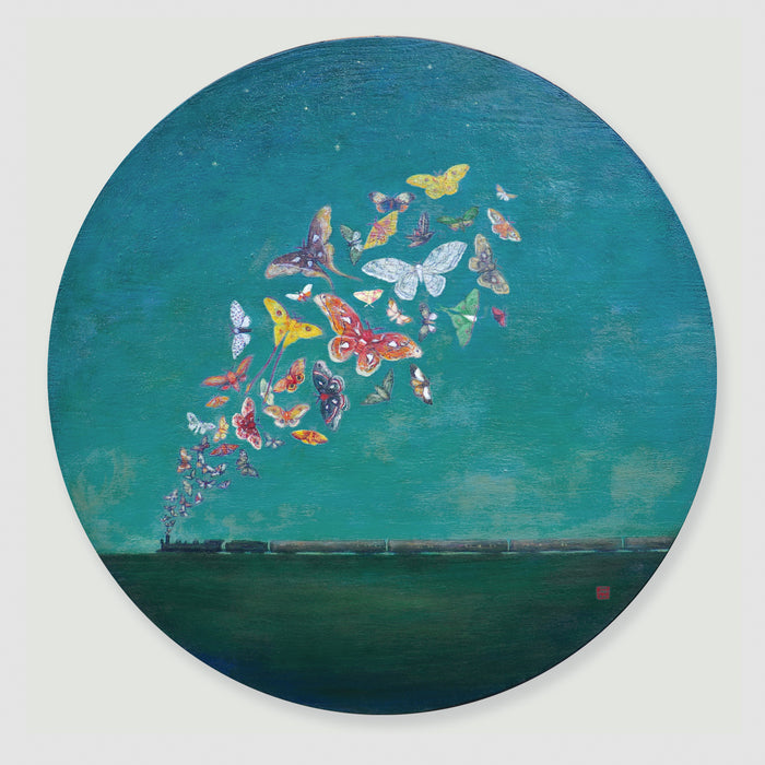 Duy Huynh painting "Myths, Moths and Multiple Metaphors", train with moths coming from the smokestack. Available at larkandkey.com, Charlotte NC