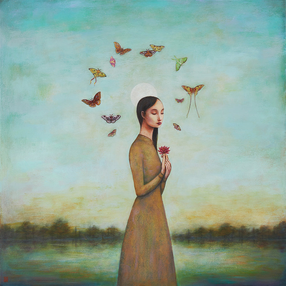 Duy Huynh's "Night Bloom" 12 x 12" limited edition art print on paper (artist proof). A woman holds a water lily under a full moon at dusk with moths swirling overhead.