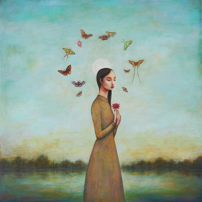Duy Huynh's "Night Bloom" 12 x 12" limited edition art print on paper (artist proof). A woman holds a water lily under a full moon at dusk with moths swirling overhead.