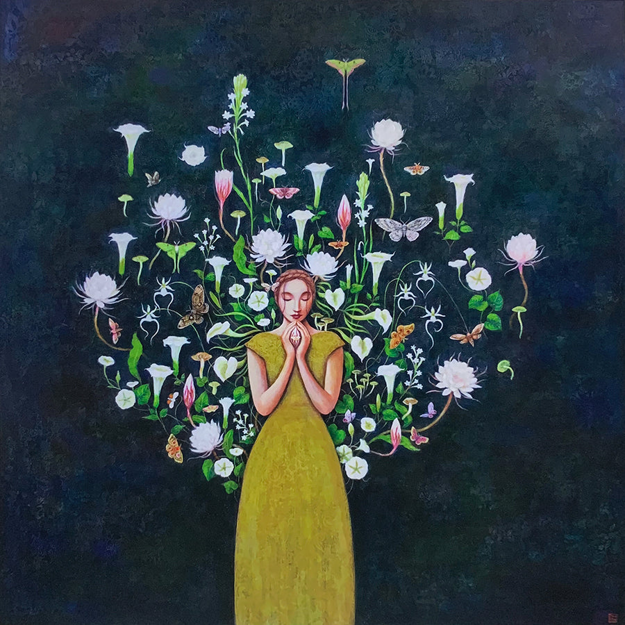 Duy Huynh's "Vespertine" 12 x 12" limited edition art print on paper. A woman is surrounded by night blooming flowers, set against a textured dark background.