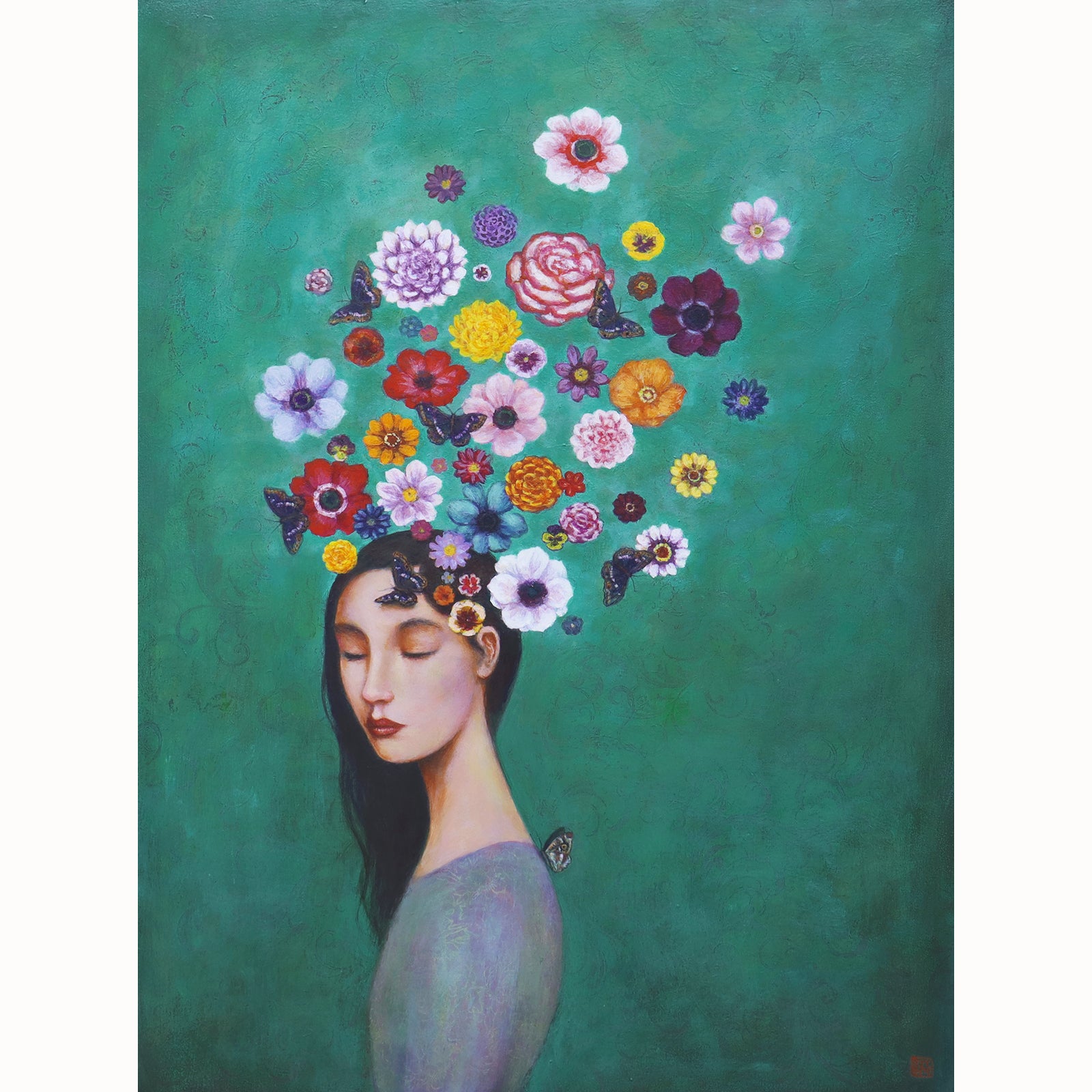 Artist Duy Huynh 's painting called "Windflower Reverie". A portrait of a woman with butterflies and flowers swirling around her head. Available at Lark & Key, Charlotte NC.