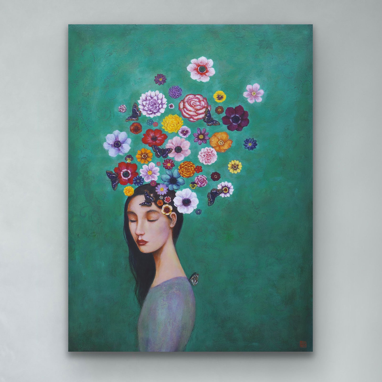 Artist Duy Huynh 's painting called "Windflower Reverie". A portrait of a woman with butterflies and flowers swirling around her head. Available at Lark & Key, Charlotte NC.