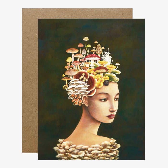 Duy Huynh notecard "Mycology Mythology". A crown of mushrooms emerge from a woman's head. Card is blank inside.