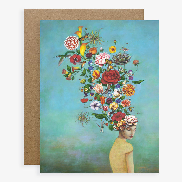 Duy Huynh notecard "A Mindful Garden". A woman wears a crown of colorful flowers that bloom upwards. Card is blank inside.