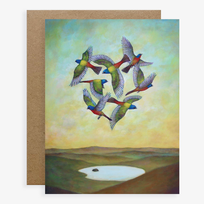 A group of painted buntings in flight form a heart shaped above an open landscape in Duy Huynh's "A Most Colorful Heart" notecard. Card is blank inside.