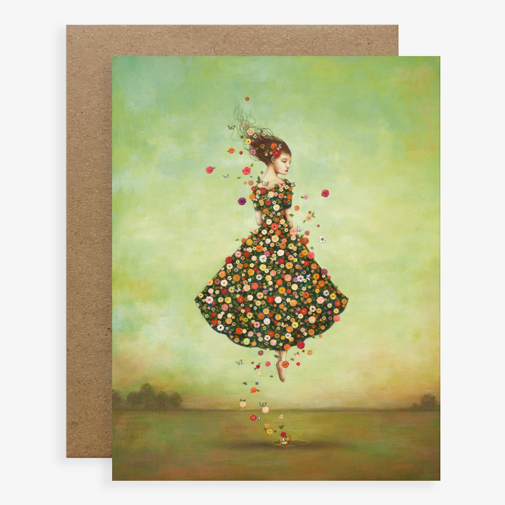 Duy Huynh notecard "Everchanging". A woman levitates above the ground, a pocket watch lies below with flowers and butterflies rising from it to fill her dress and hair. Card is blank inside.
