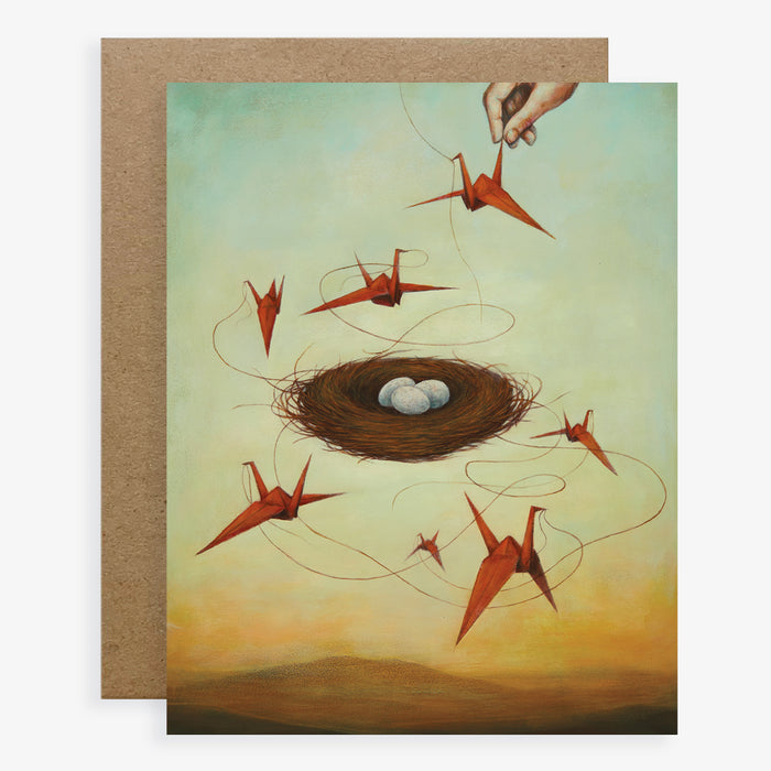 Duy Huynh notecard "Higher ConsciousNest". Red paper cranes surround a nest with three eggs. Card is blank inside.