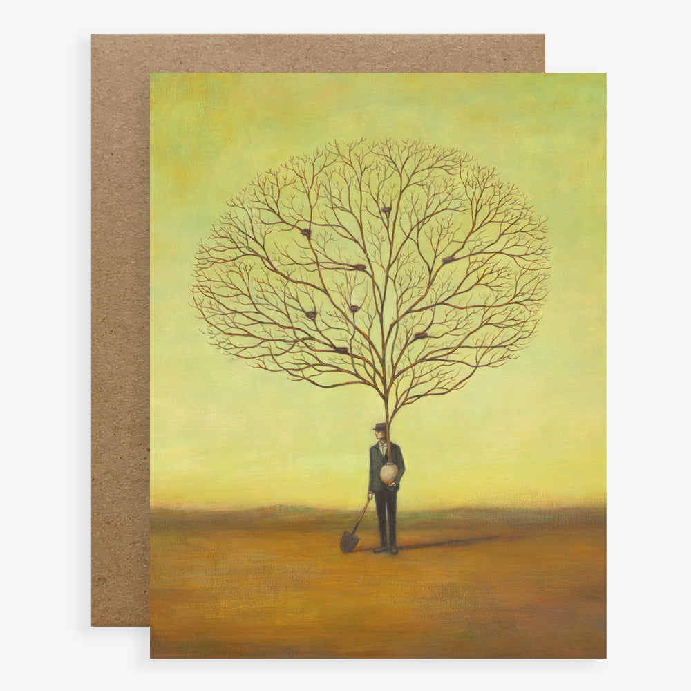 Duy Huynh notecard "MindfulNest Cultivation". A man holds a shovel, ready to plant a leafless tree, its branches resemble the brain and contain several nests. Card is blank inside.