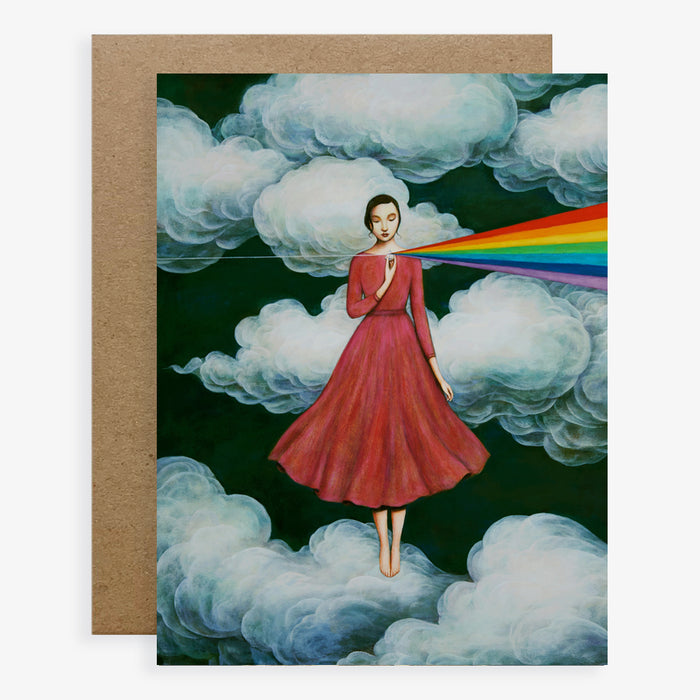Duy Huynh notecard "Resilient Light". A woman levitates among the clouds holding a prism, reflecting a rainbow of light. Card is blank inside.