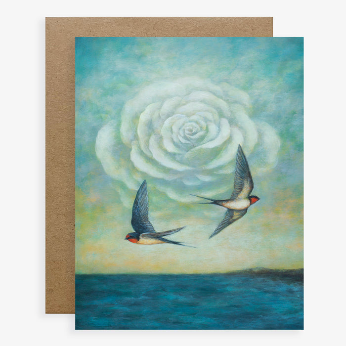 Duy Huynh notecard "Reverence and Reverie". Two barn swallows flight above the ocean. A cloud behind them takes the shape of white rose. Card is blank inside.
