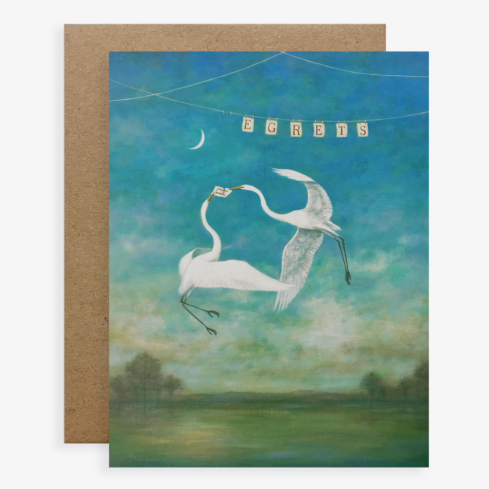Duy Huynh notecard "River of No Regrets". Two egrets in flight under a night sky, pulling the letter R away from a sign to leave the word 'egrets'. Card is blank inside.