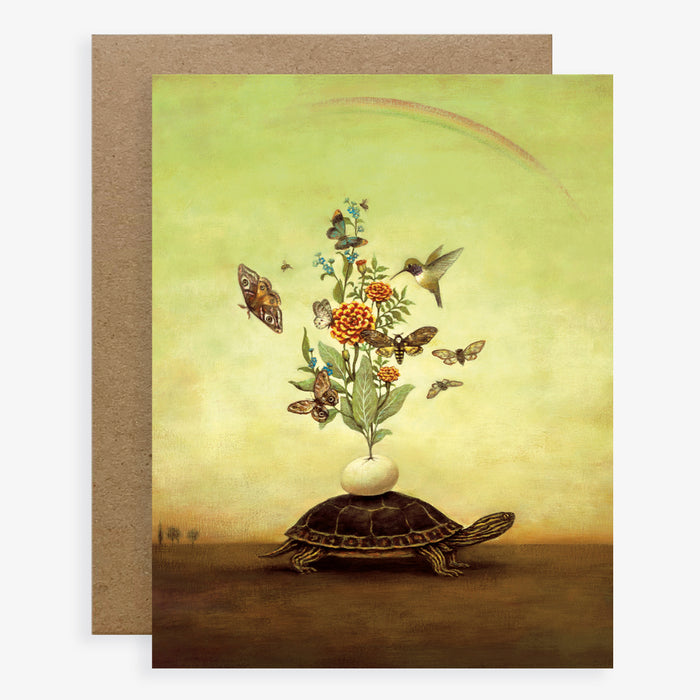 Duy Huynh notecard "Sage Advice", turtle with flora (including sage) and fauna blooming from an egg on its back.