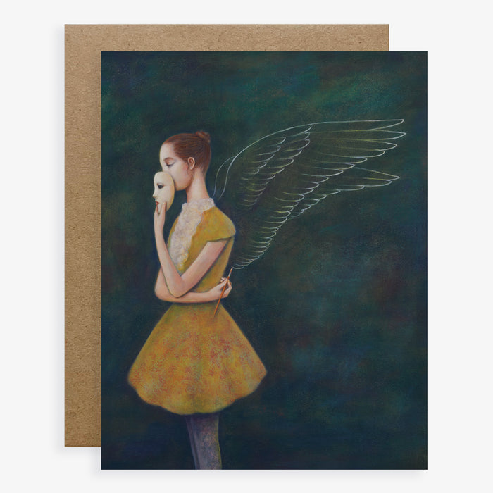 Duy Huynh notecard "Solitary Refinement". A woman removes a mask from her face and paints wings onto her back. Card is blank inside.