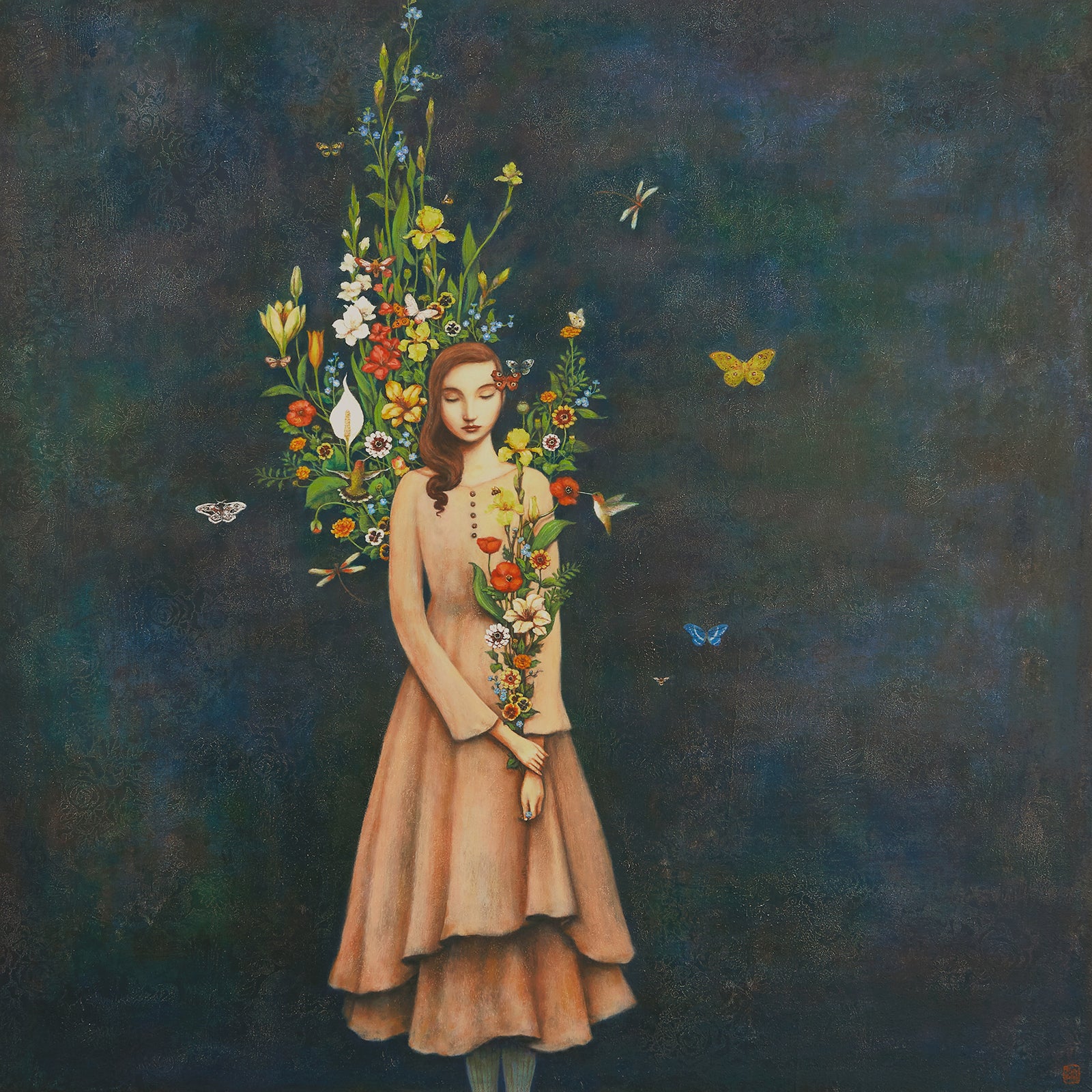Duy Huynh's "Harvest of Memories" 12 x 12" limited edition art print on paper.  Set against a dark, textured background a woman holds a variety of flowers while more bloom around her. Hummingbirds, butterflies and dragonflies swirl around.