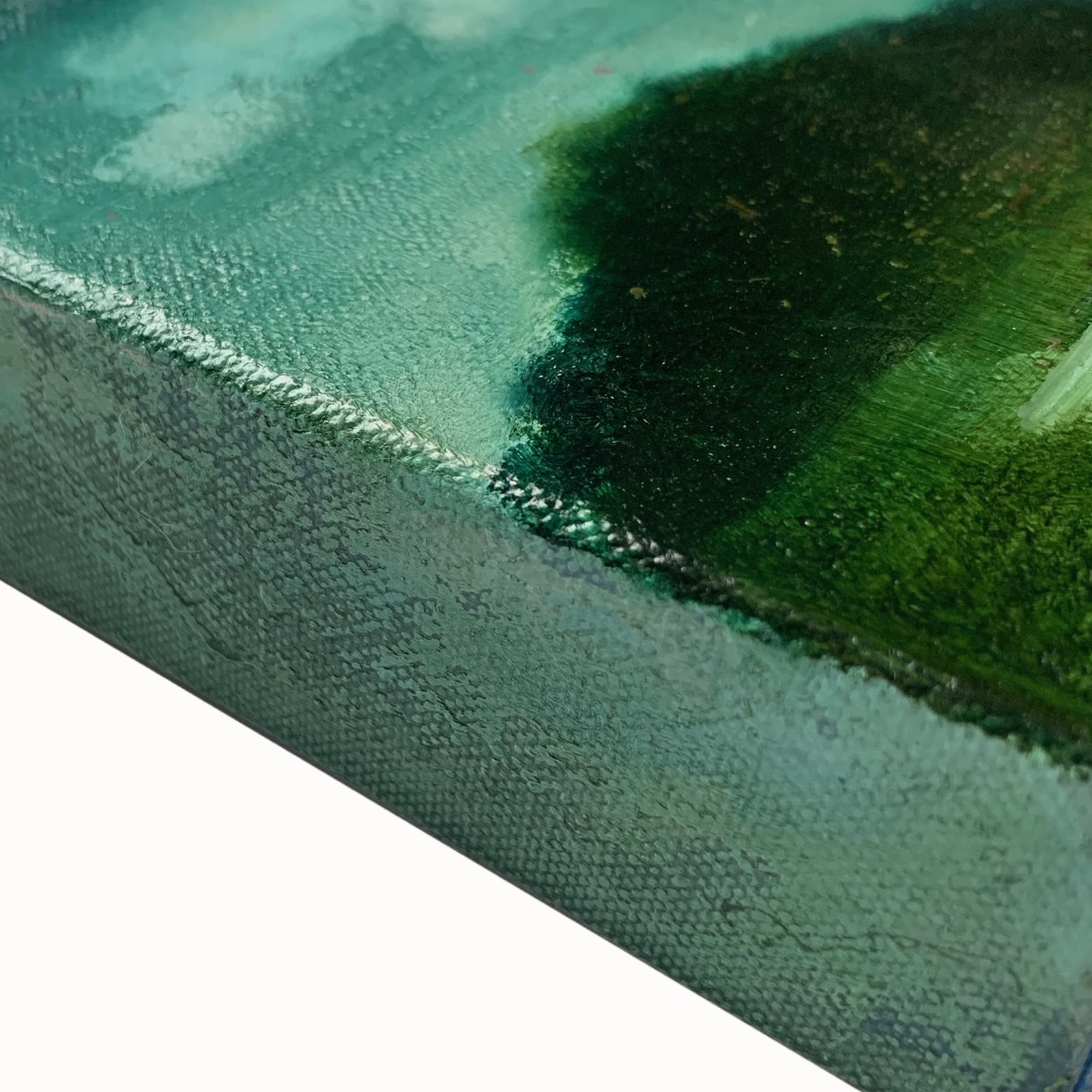 "Mist"by artist Eleanor Miller, 6 x 6 x 1.5" oil painting. Mini landscape in moody greens. Side detail.