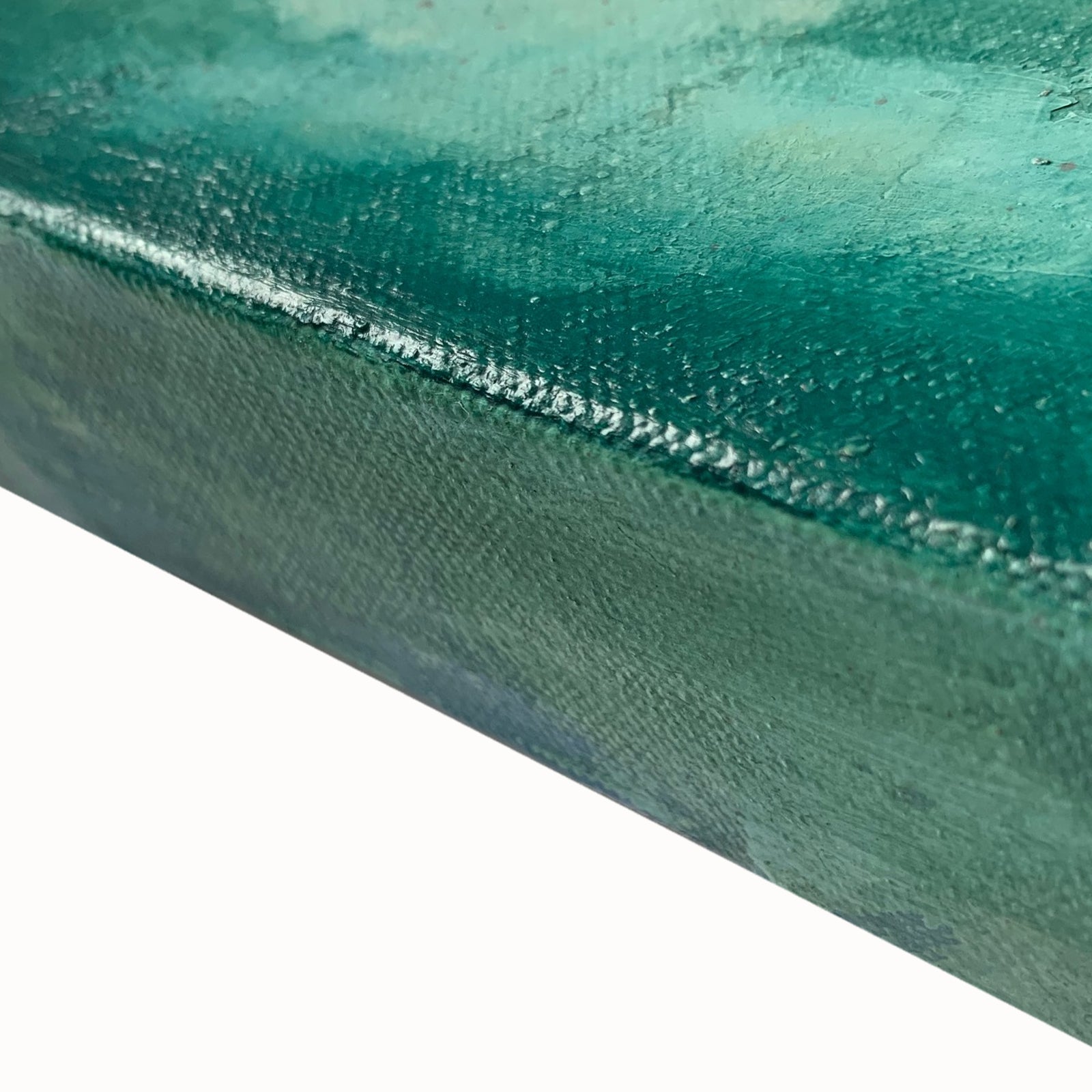 "Mist"by artist Eleanor Miller, 6 x 6 x 1.5" oil painting. Mini landscape in moody greens. Side detail.