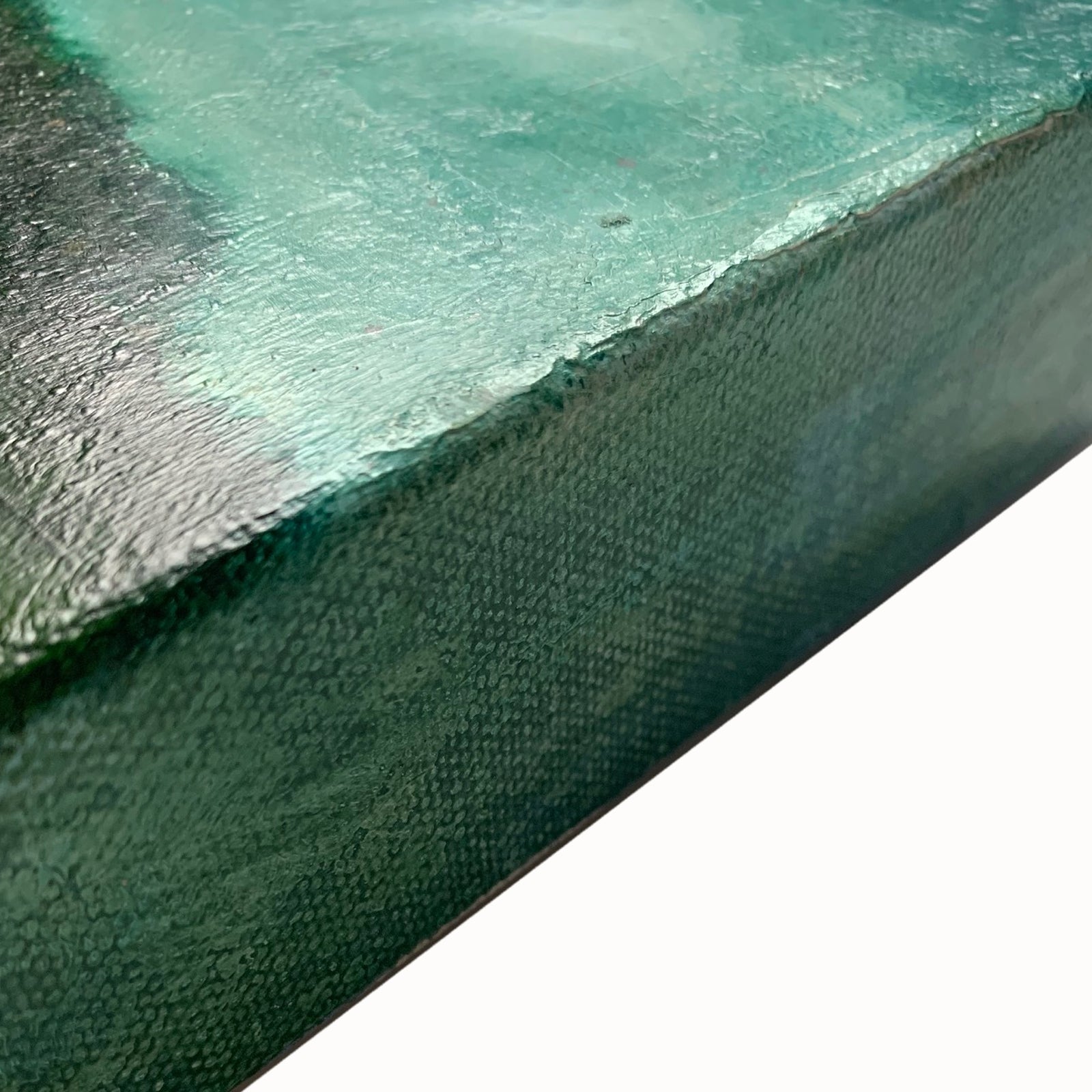 "Mist"by artist Eleanor Miller, 6 x 6 x 1.5" oil painting. Mini landscape in moody greens. Side detail.