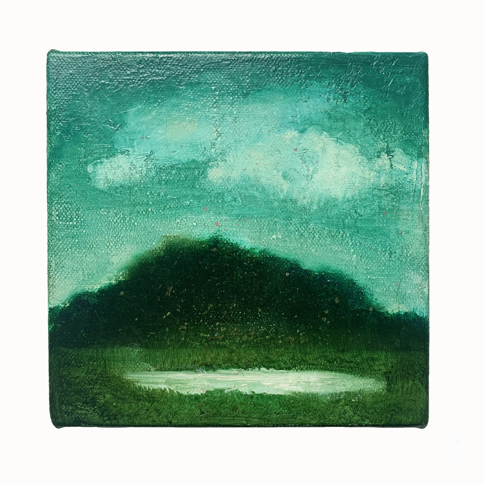 "Mist", mini landscape artwork in moody greens by Eleanor Miller. 6 x 6" oil painting.