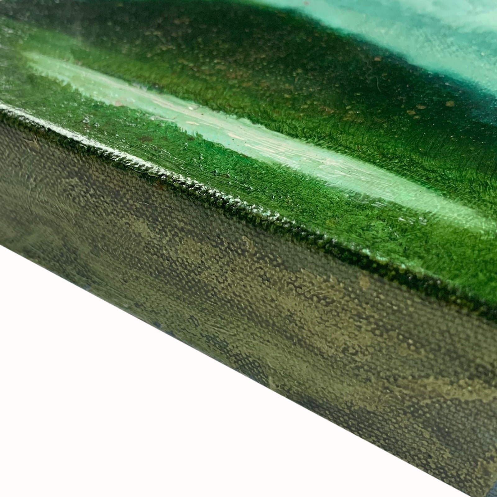 "Mist"by artist Eleanor Miller, 6 x 6 x 1.5" oil painting. Mini landscape in moody greens. Side detail.