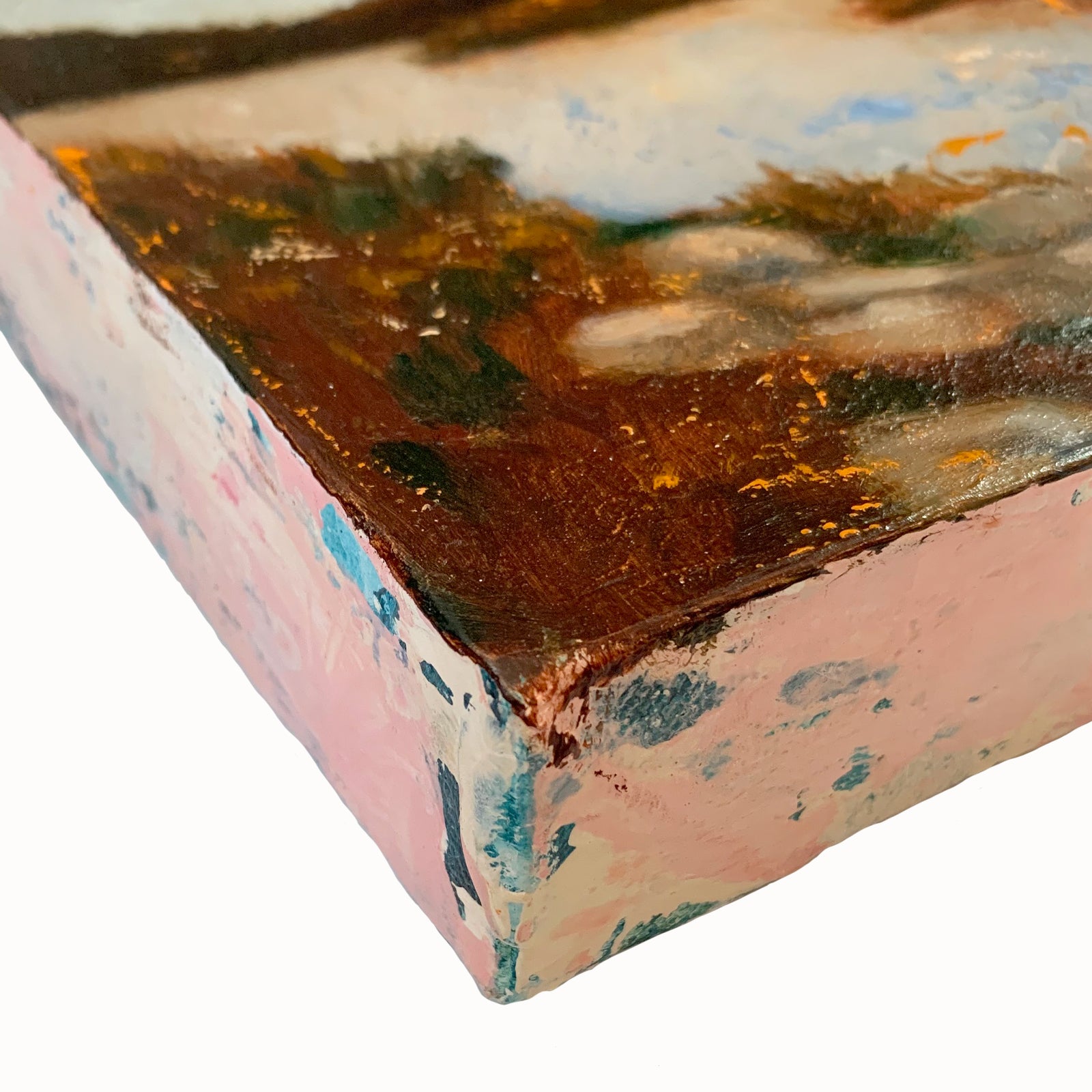 Eleanor Miller's mini painting, "Sanctuary". Side detail of her peaceful landscape and water painting in soft blues and rusty browns.