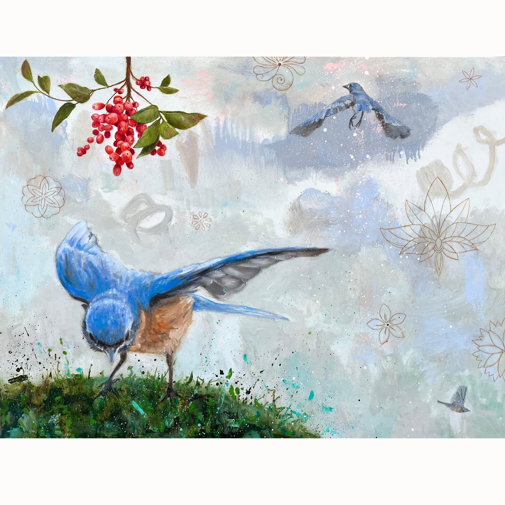 "Sky Blue" painting by Eleanor Miller. Bluebirds, red berries and floral elements on a textured, watercolor background