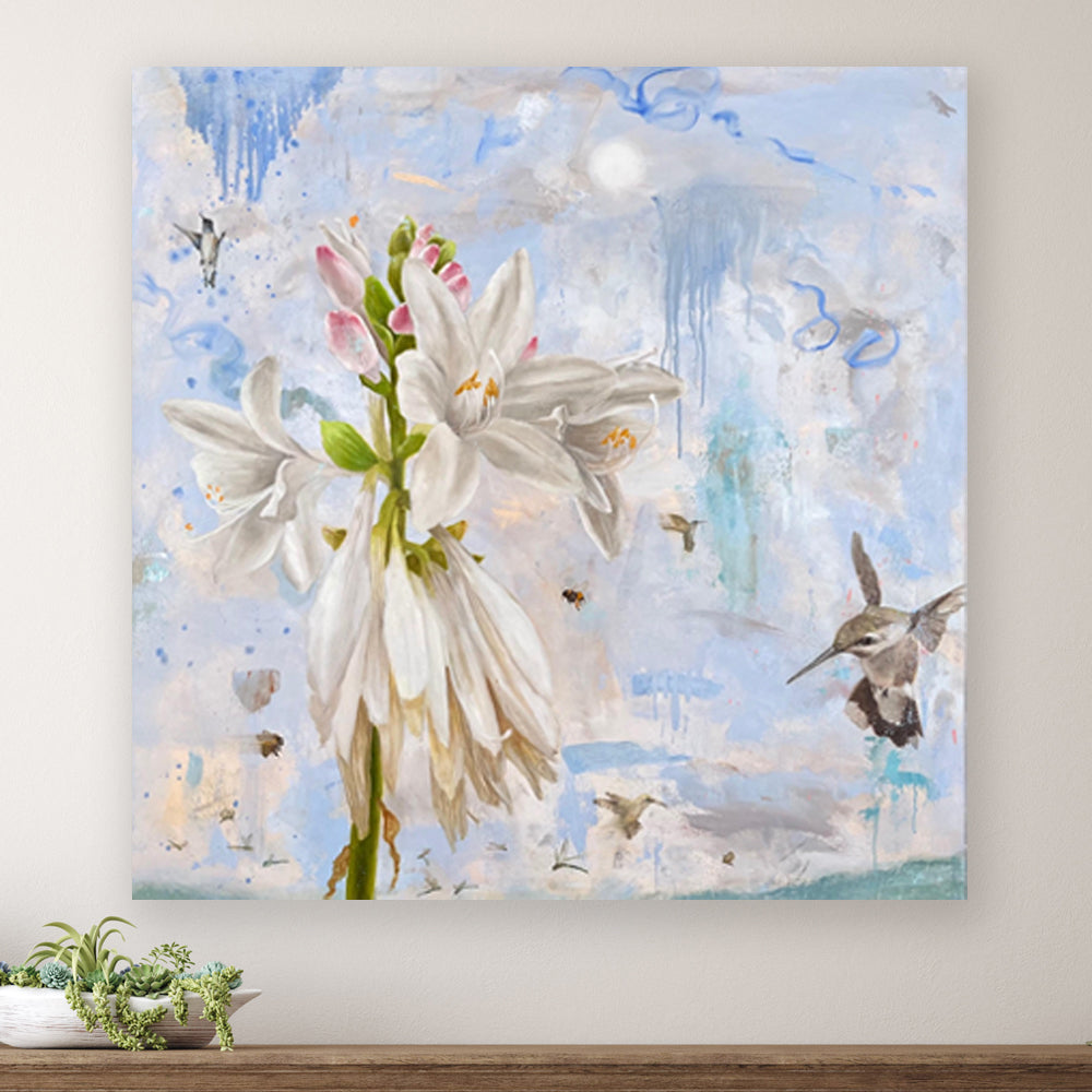 Eleanor Miller's "Morning Star" 40 x 40" oil painting, with large white lilies, hummingbirds and bees. Display on wall over a table.