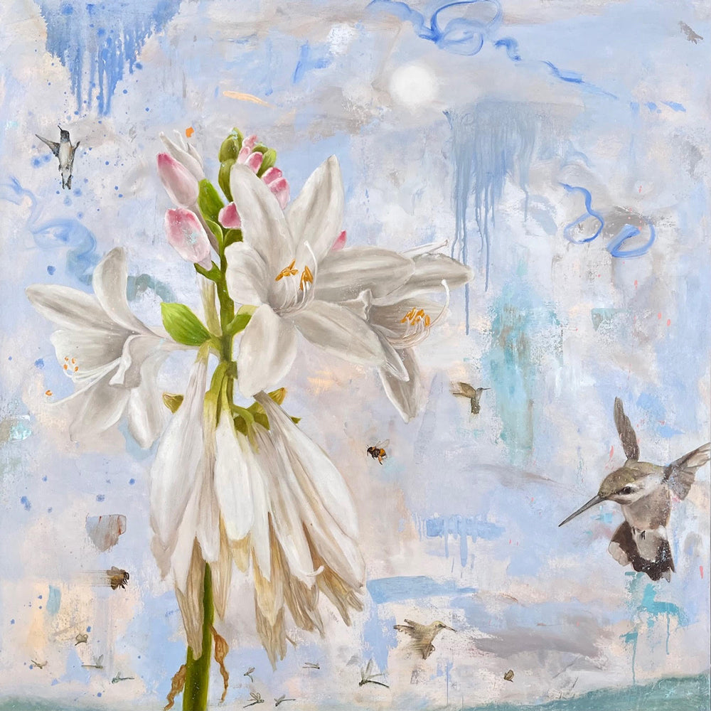 Eleanor Miller's "Morning Star" 40 x 40" oil painting, with large white lilies, hummingbirds and bees.