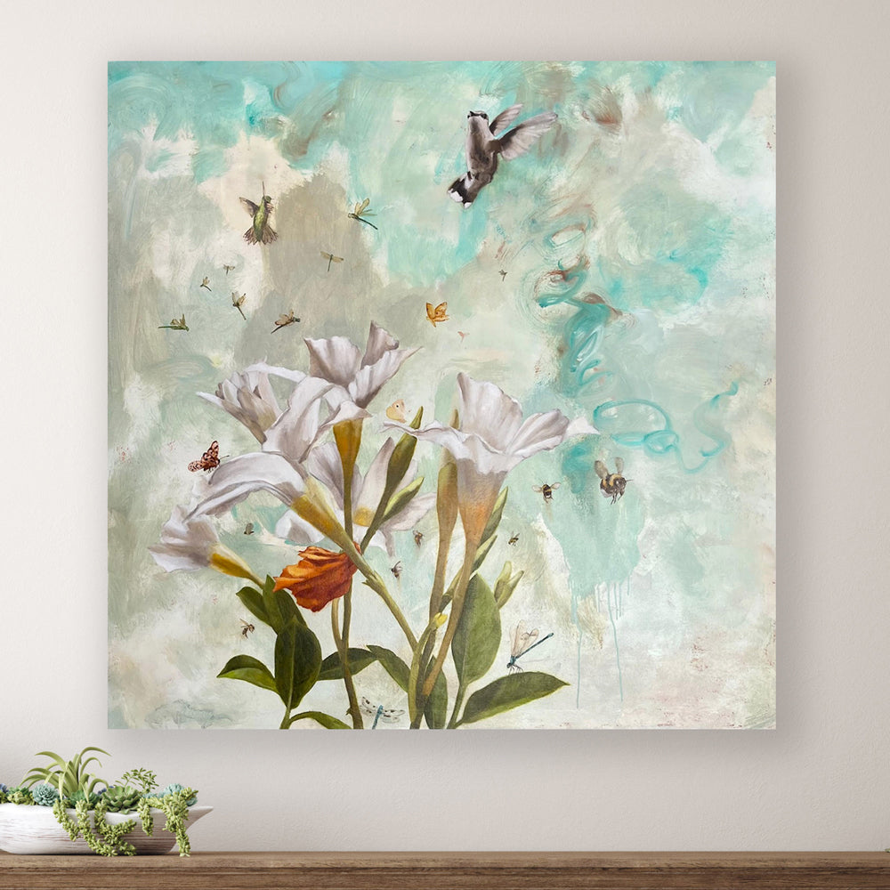 Eleanor Miller's "Summer Dance" 40 x 40" oil painting, with white flowers, hummingbirds and various insects. Displayed above a table.