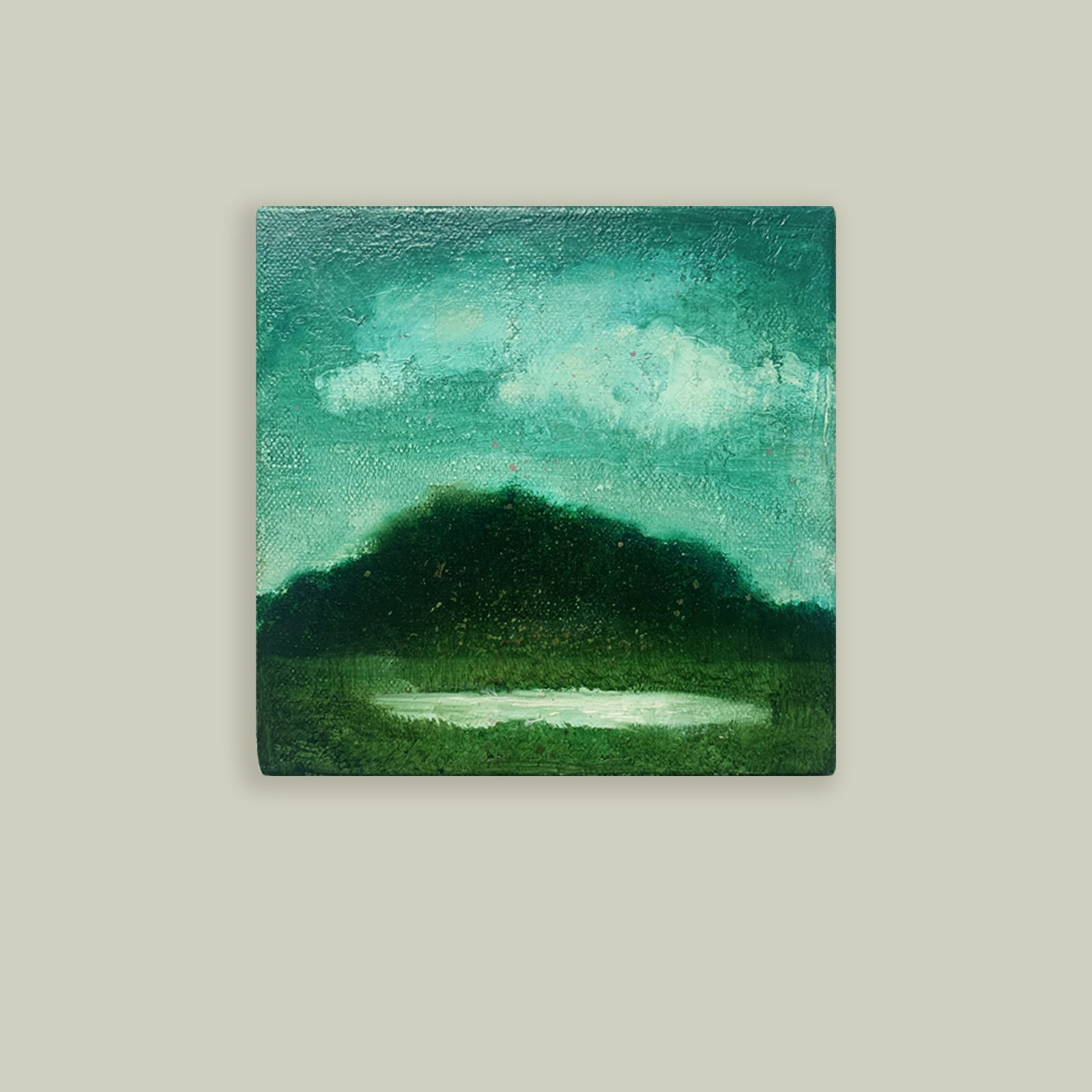 "Mist"by artist Eleanor Miller, 6 x 6 x 1.5" oil painting. Mini landscape in moody greens.