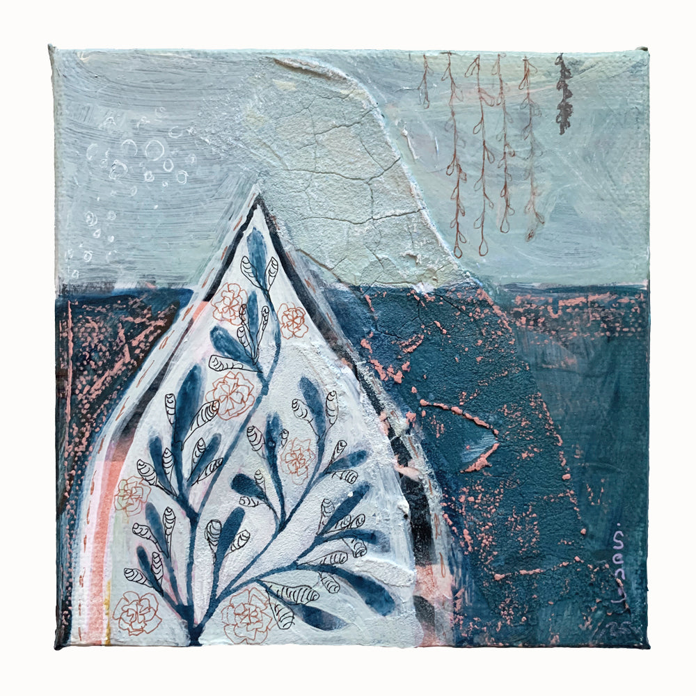 "A Quiet Temple" by Western NC based artist Hannah Seng. 5 x 5 x 1.5" acrylic and mixed media on canvas, blue with pink nature themed painting. Available at larkandkey.com, Charlotte NC.