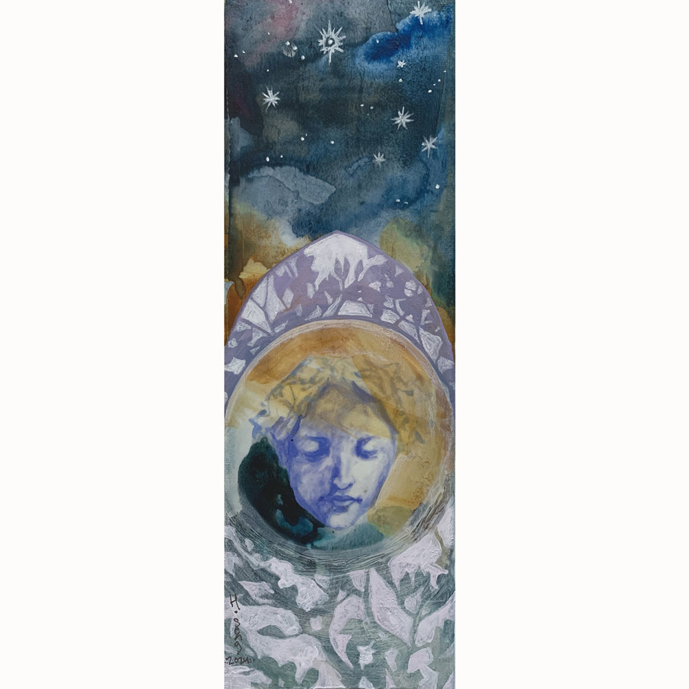 "Glisten" by Western NC based artist Hannah Seng, 12 x 4 x 1.5" acrylic on canvas celestial and nature themed painting.