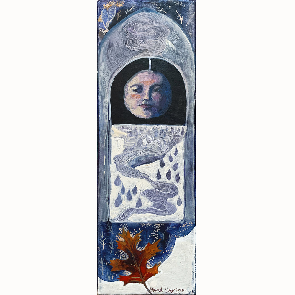 "The Creek Did Rise" by Hannah Seng, 12 x 4 x 1.5" acrylic on canvas - moon, rain and nature themed painting. Available at larkandkey.com, Charlotte NC.