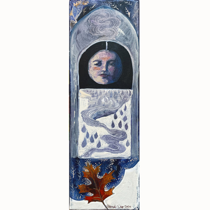 "The Creek Did Rise" by Hannah Seng, 12 x 4 x 1.5" acrylic on canvas - moon, rain and nature themed painting. Available at larkandkey.com, Charlotte NC.