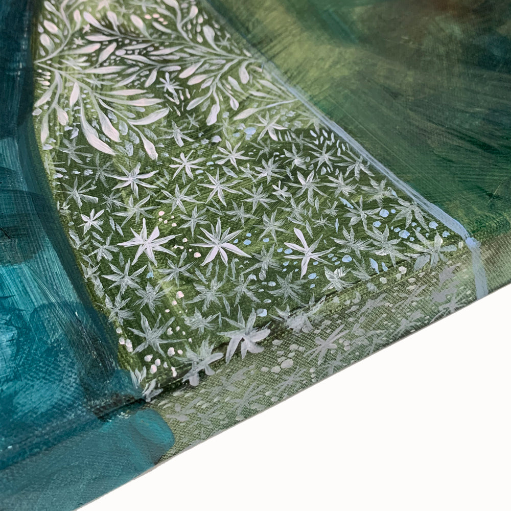 Detail of "The Soft Language of Darkness" painting by Western NC based artist Hannah Seng. The painting, in rich blues and greens, features a woman, a giant leopard moth, various mosses and the moon phases.