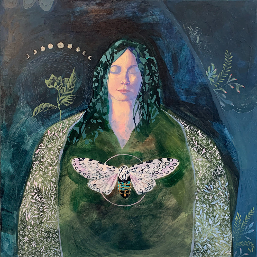 "The Soft Language of Darkness" acrylic painting by Western NC based artist Hannah Seng. The artwork, in rich blues and greens, features a woman, a giant leopard moth, various mosses and the moon phases.