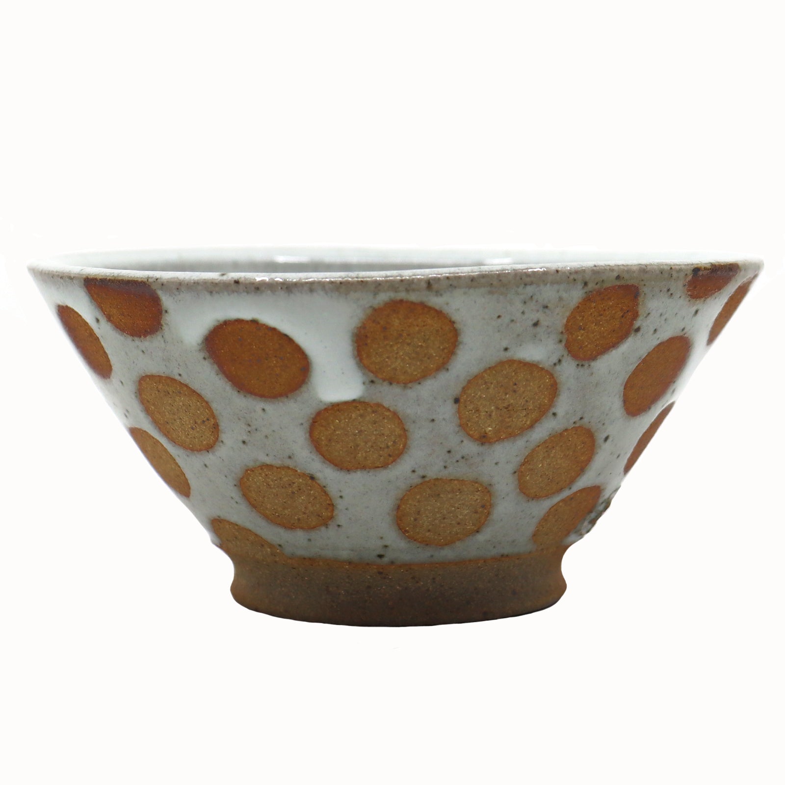 Heather Ossandon handmade, wood-fired ceramics. Cereal bowl, white with rust polka dots.