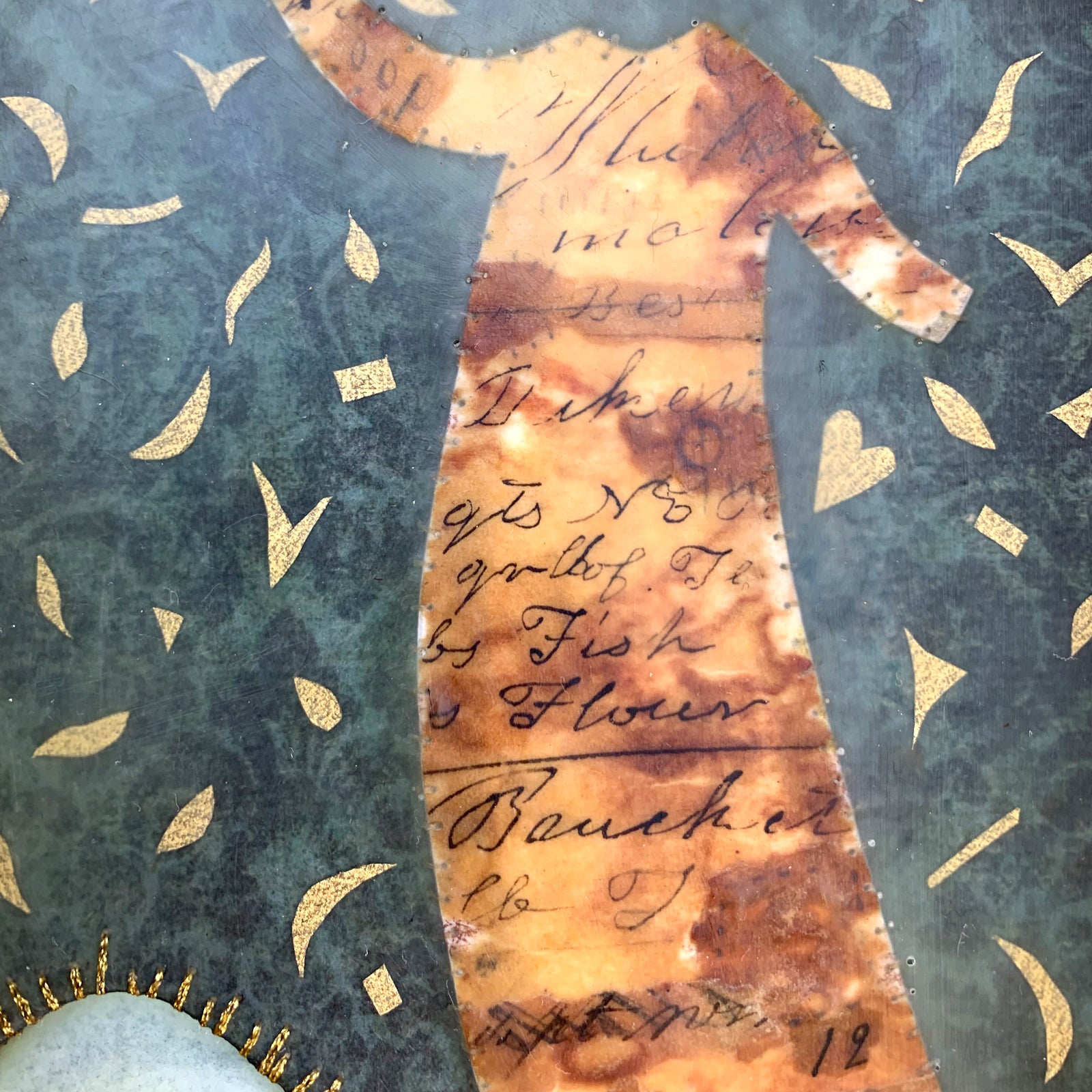"Snippets of Magic" mixed media and encaustic assemblage by Janet Eskridge. Figure detail.