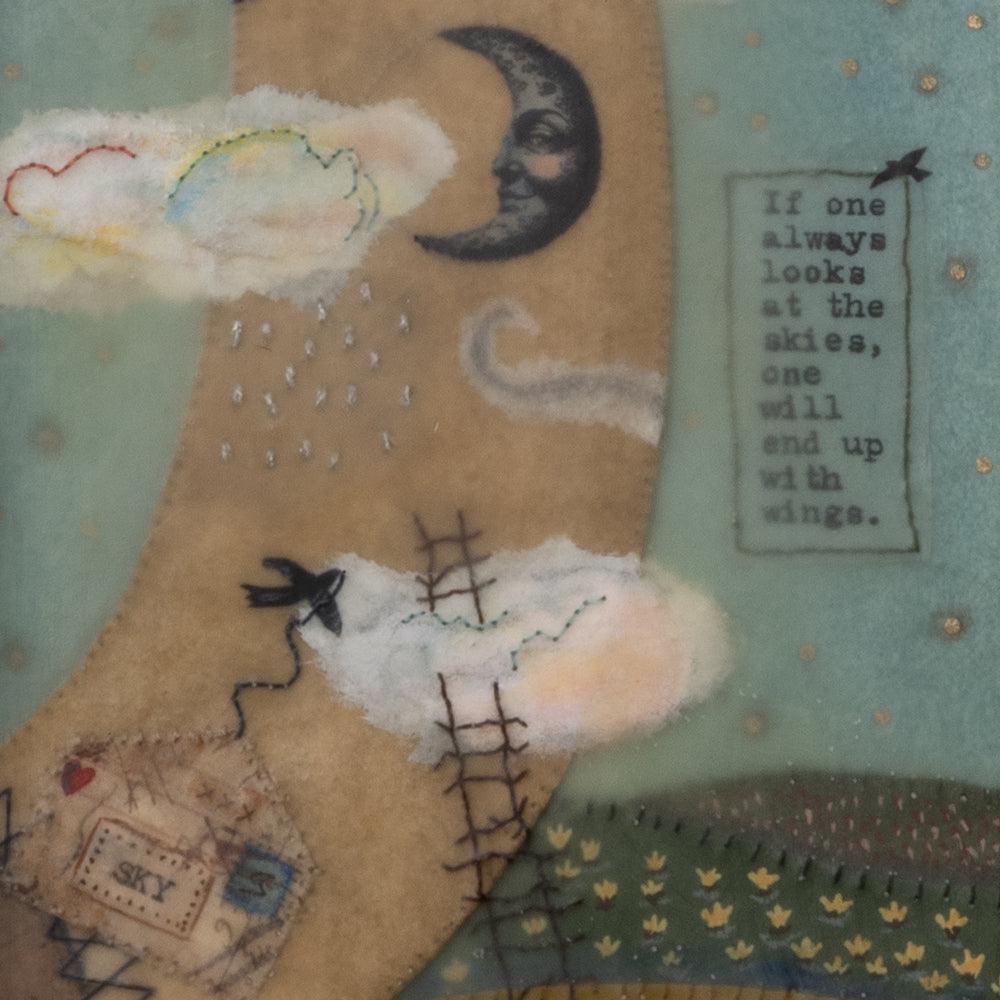 Detail of "With Wings" mixed media encaustic assemblage art by Janet Eskridge. Artwork set inside a wood box with finial.