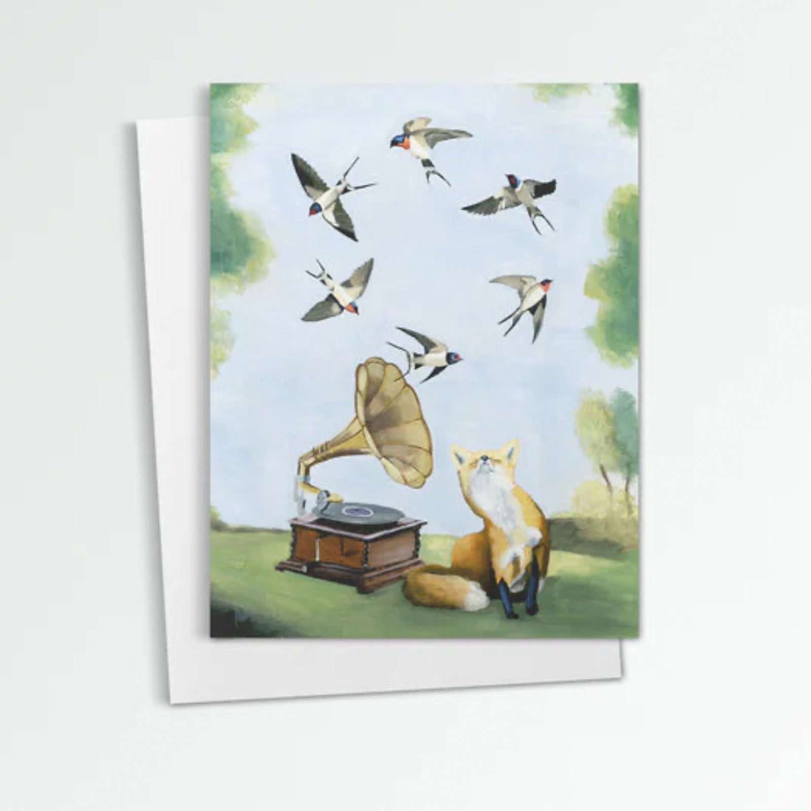 M is for Music & Repeating Melodies notecard from Kim Ferreira. A fox listens to music from a phonograph while birds circle above.